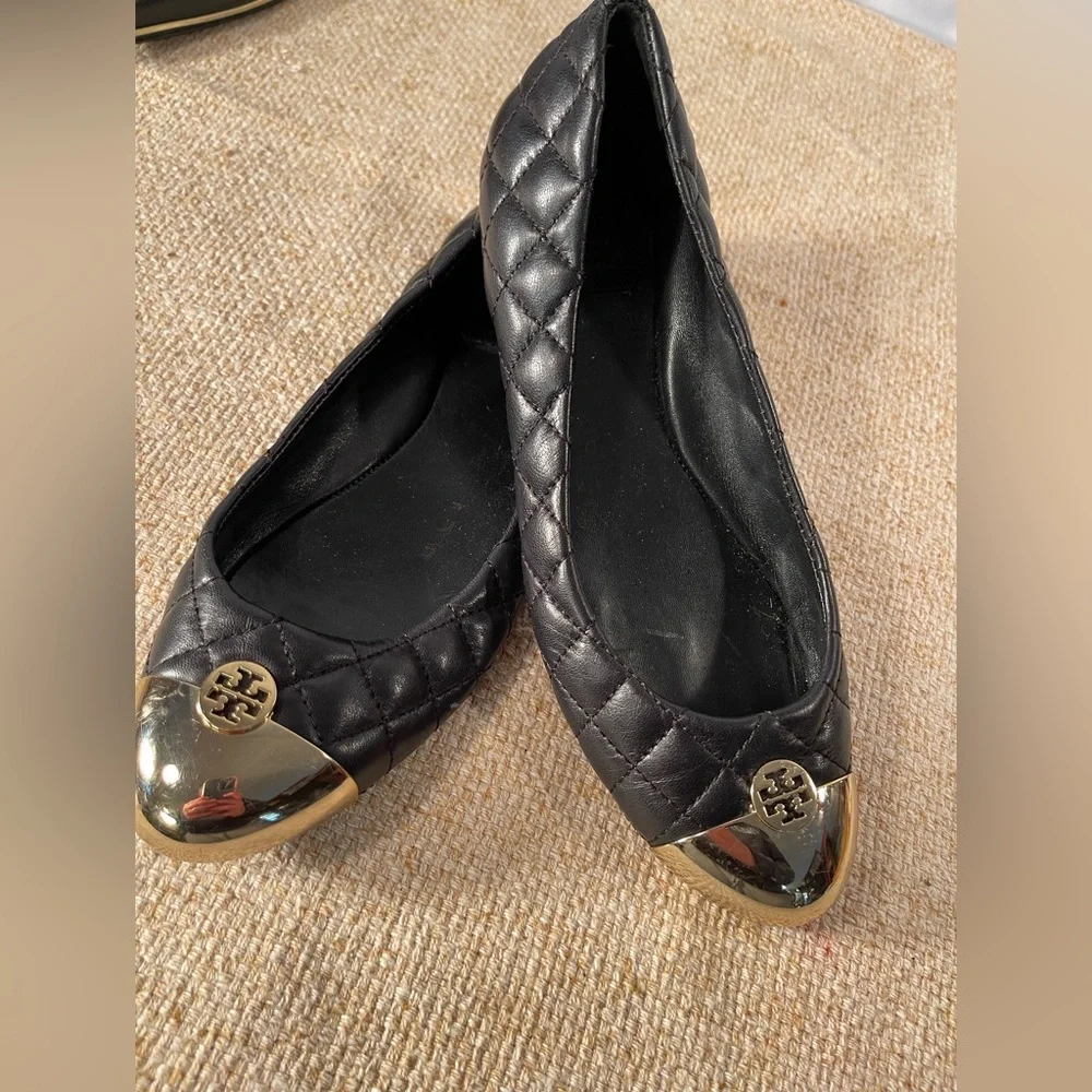 Tory Burch Kaitlin Quilted Leather Gold toe Ballet flats - Picture 1 of 4